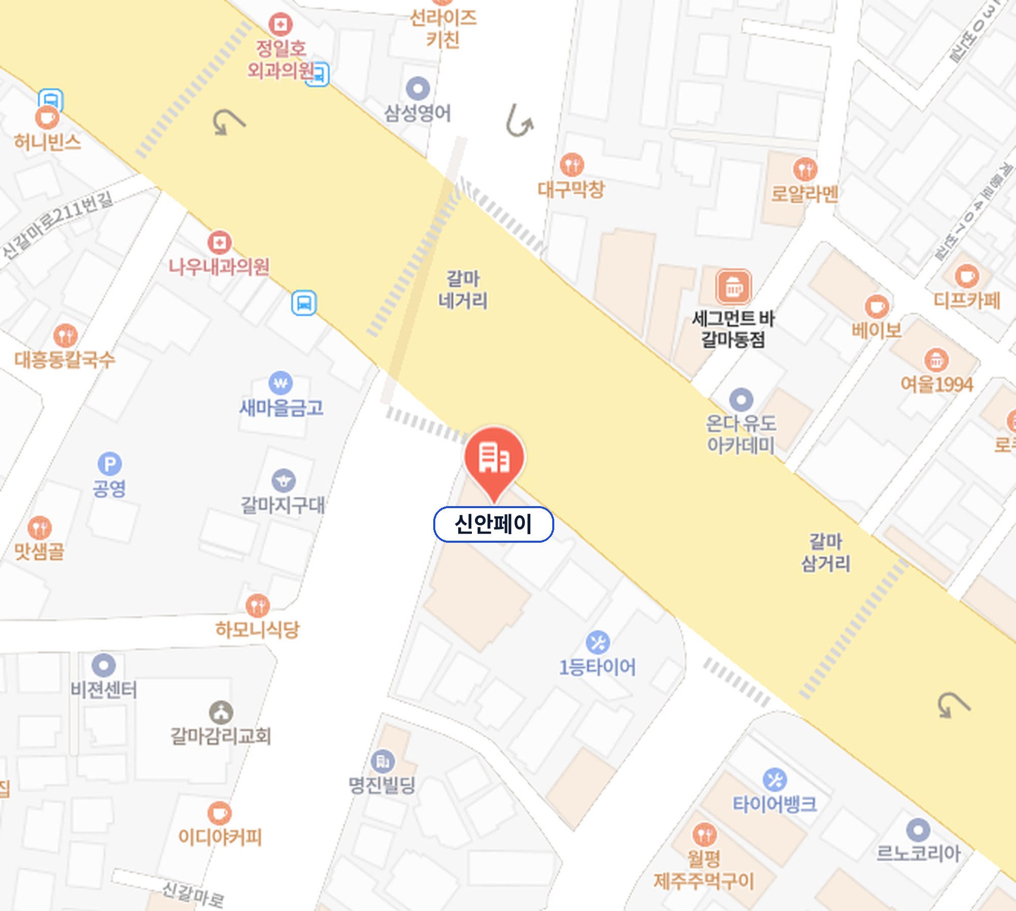 신안페이 위치 지도: 대전 서구 갈마네거리와 갈마삼거리 사이, 계룡로 남쪽